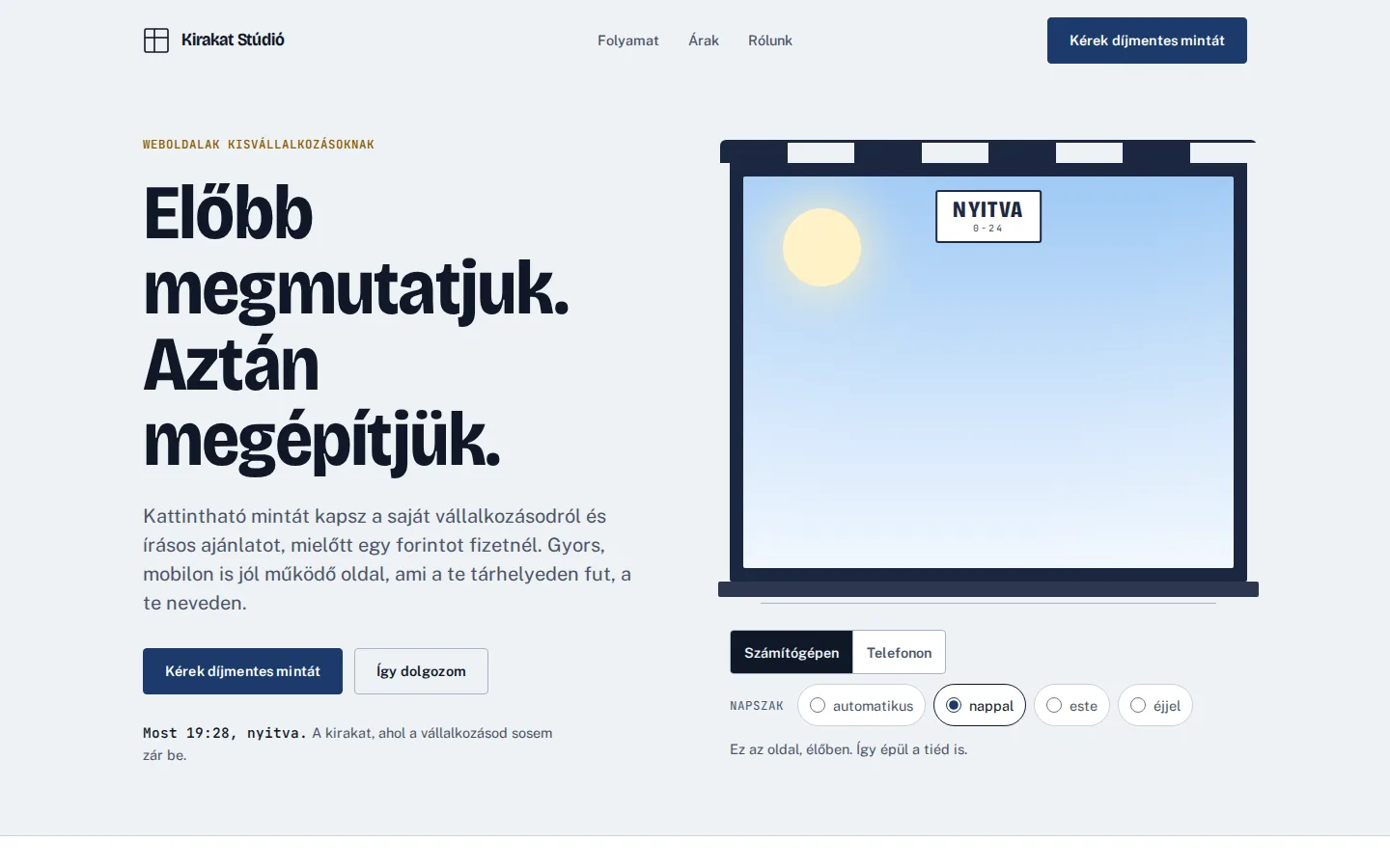 A kirakatstudio.hu kezdőlapja kicsinyítve, ez az oldal.
